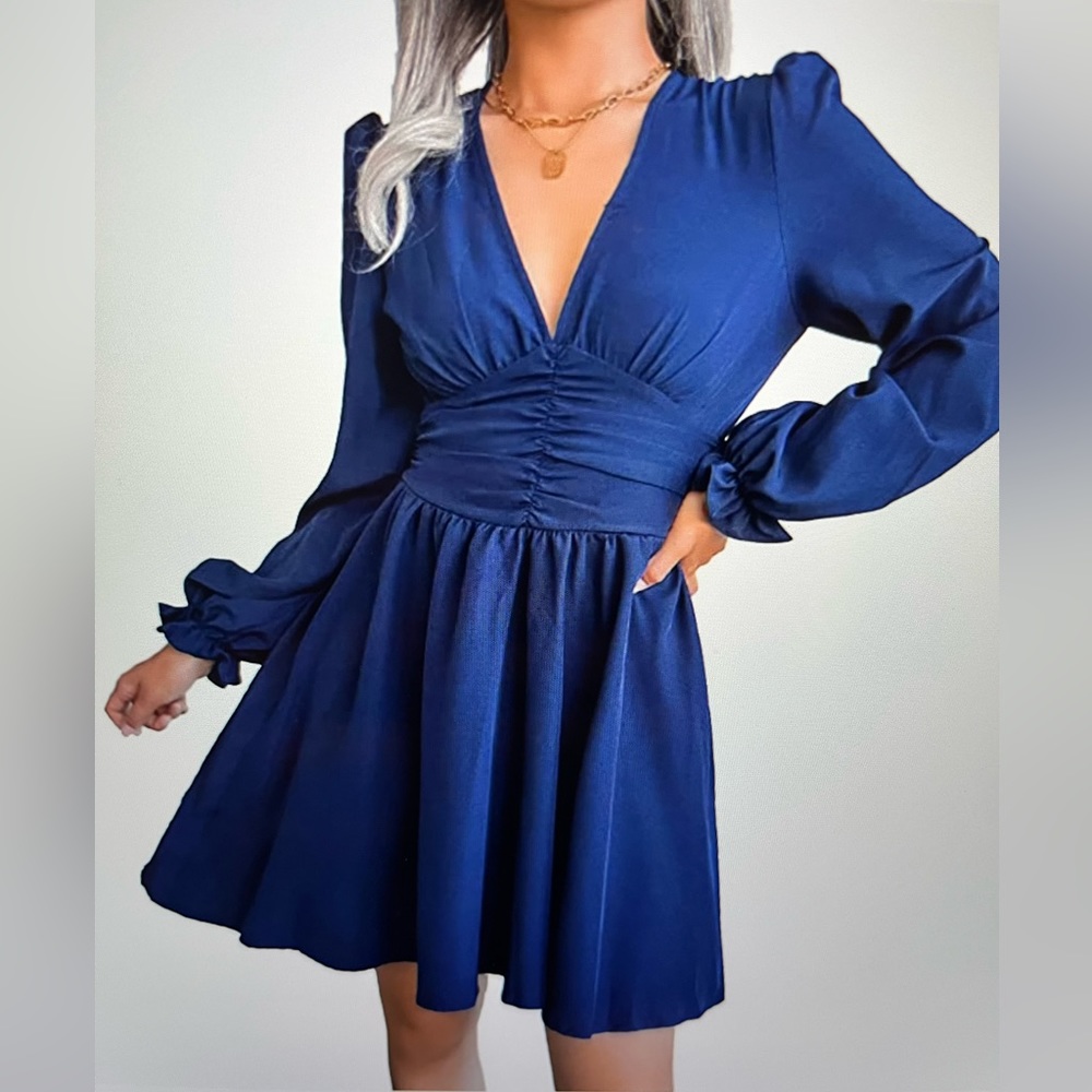 Womens Chiffon V Neck Long Sleeve Blue Dress